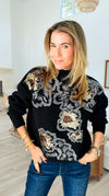 Sequin Blossom Italian Knit Sweater- Black-140 Sweaters-AZUL MONACO-Coastal Bloom Boutique, find the trendiest versions of the popular styles and looks Located in Indialantic, FL