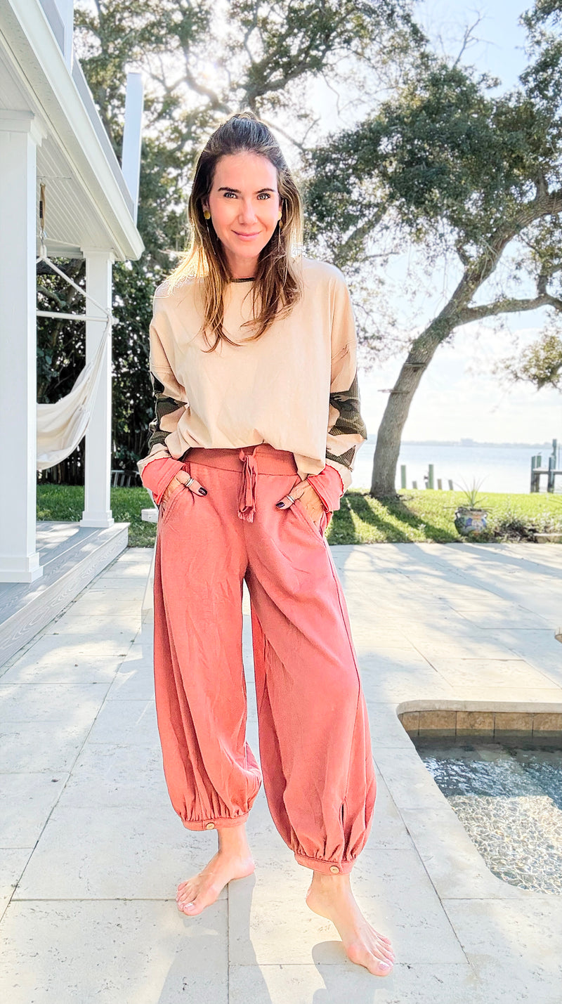 Cancel Plans Cuffed Pants- Washed Rust-170 Bottoms-ODDI-Coastal Bloom Boutique, find the trendiest versions of the popular styles and looks Located in Indialantic, FL