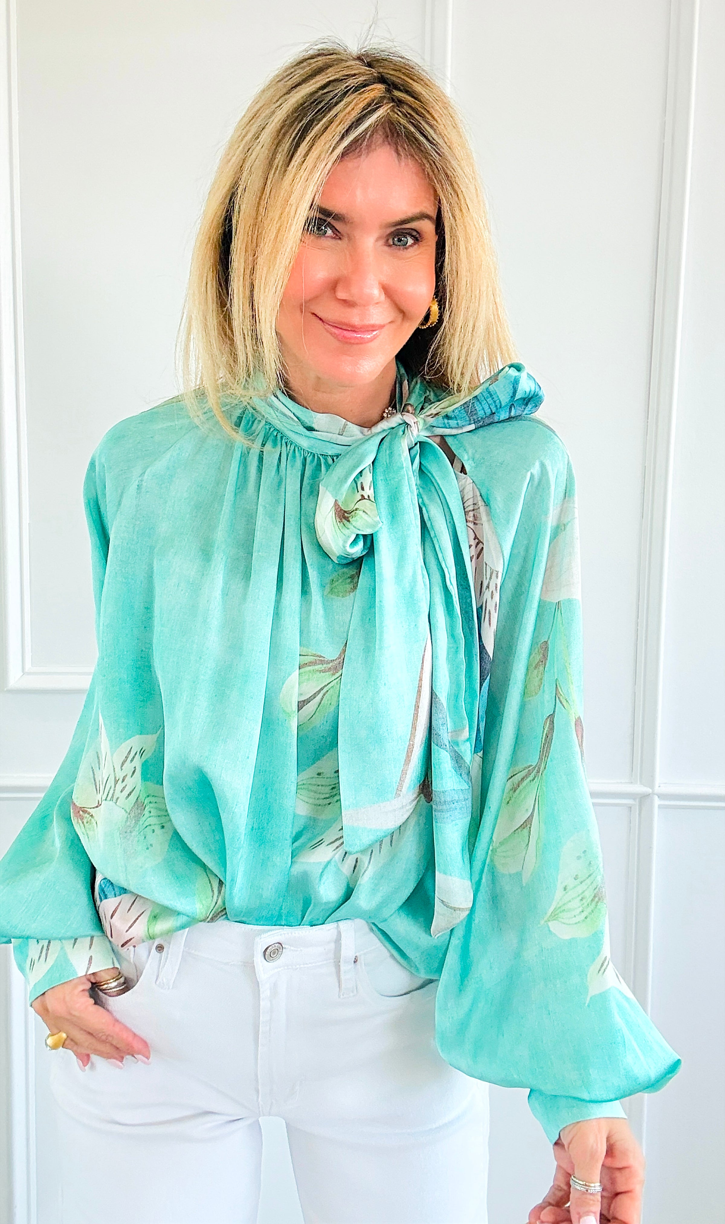 Blooming Tie Neck Button Italian Top