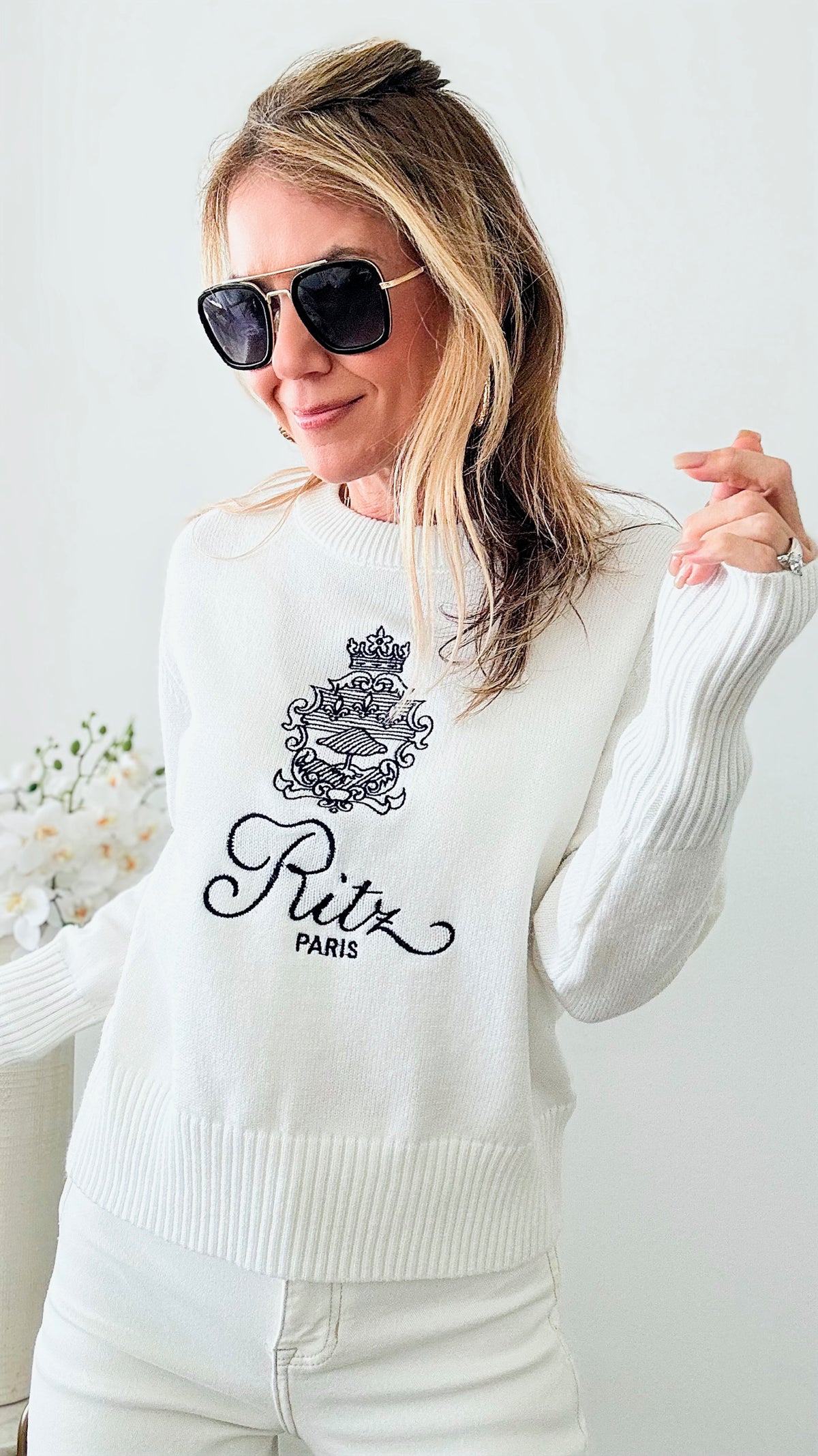 Paris Embroidery Knit Sweater- White-130 Long Sleeve Tops-Chasing Bandits-Coastal Bloom Boutique, find the trendiest versions of the popular styles and looks Located in Indialantic, FL