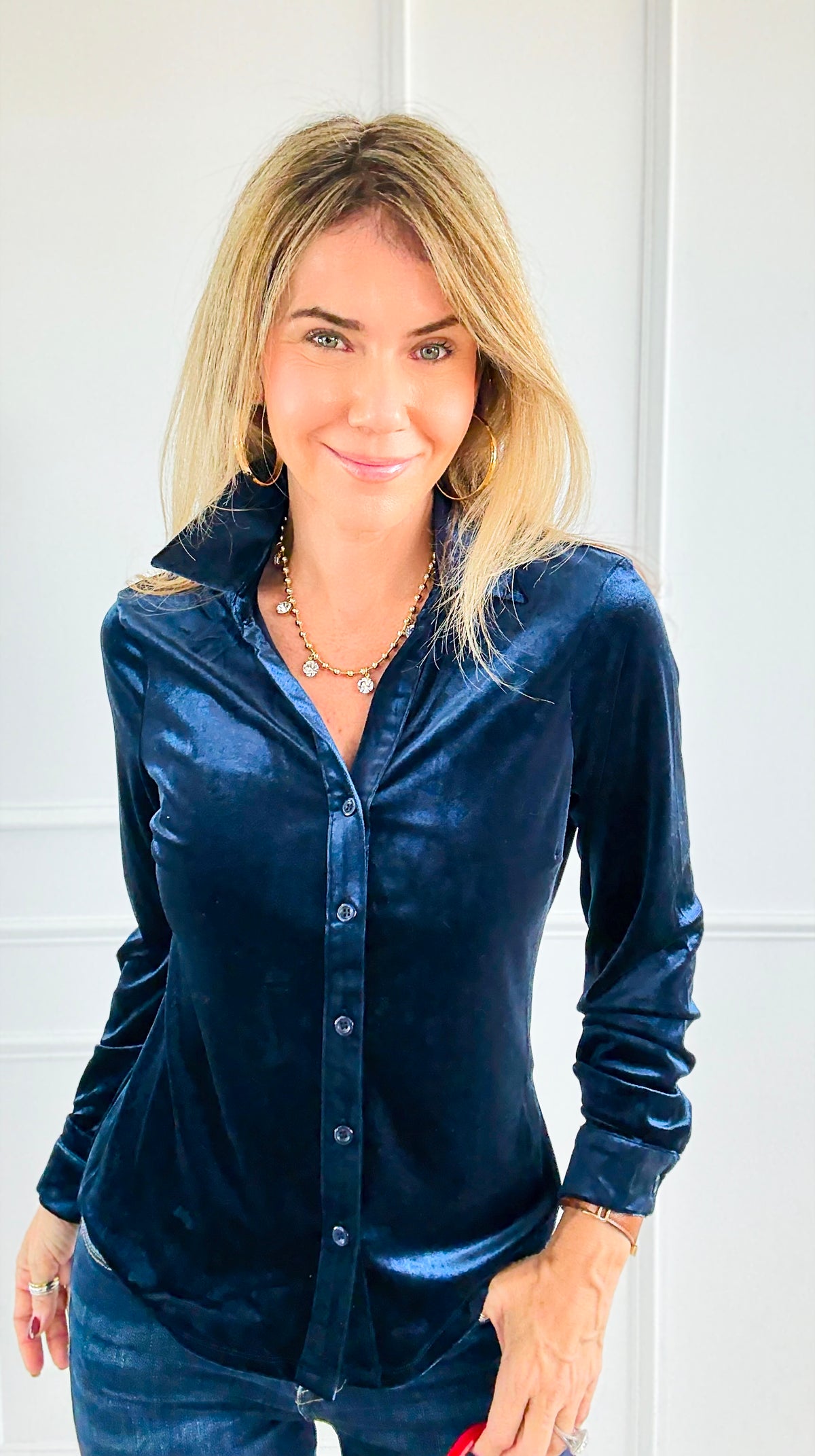 Velvet Crush Button Down Top - Navy-130 Long Sleeve Tops-Must Have-Coastal Bloom Boutique, find the trendiest versions of the popular styles and looks Located in Indialantic, FL