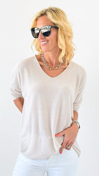 Relaxed Recoleta Lurex Trim Italian Top - Beige-130 Long Sleeve Tops-Italianissimo-Coastal Bloom Boutique, find the trendiest versions of the popular styles and looks Located in Indialantic, FL