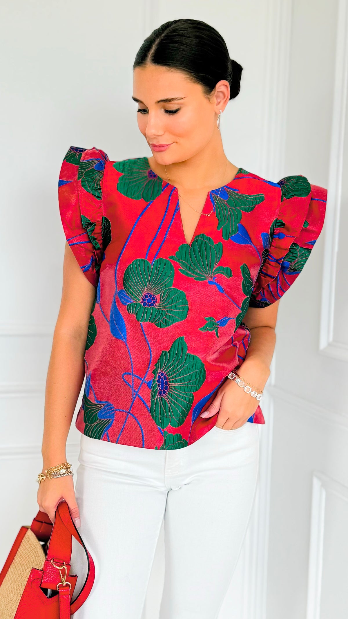 Garden Bloom Notch Neck Top-110 Short Sleeve Tops-JODIFL-Coastal Bloom Boutique, find the trendiest versions of the popular styles and looks Located in Indialantic, FL