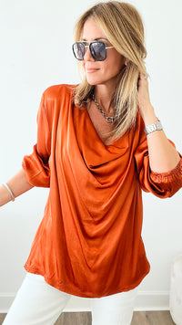 Long Sleeve Cowl Neck Italian Blouse - Rust-130 Long Sleeve Tops-Yolly-Coastal Bloom Boutique, find the trendiest versions of the popular styles and looks Located in Indialantic, FL