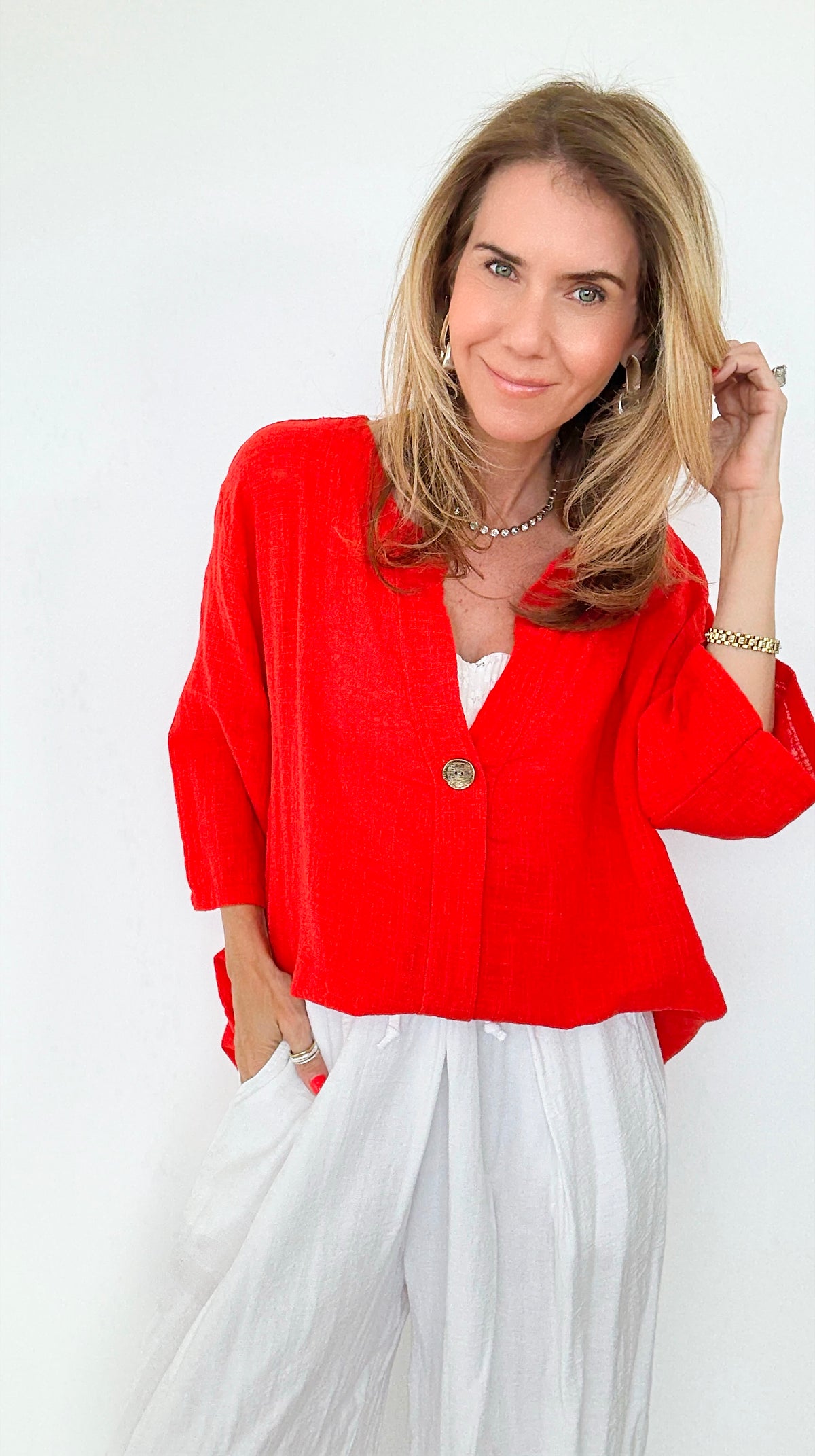 Serene Steps Italian Button Up Top- Red-170 Bottoms-Italianissimo-Coastal Bloom Boutique, find the trendiest versions of the popular styles and looks Located in Indialantic, FL