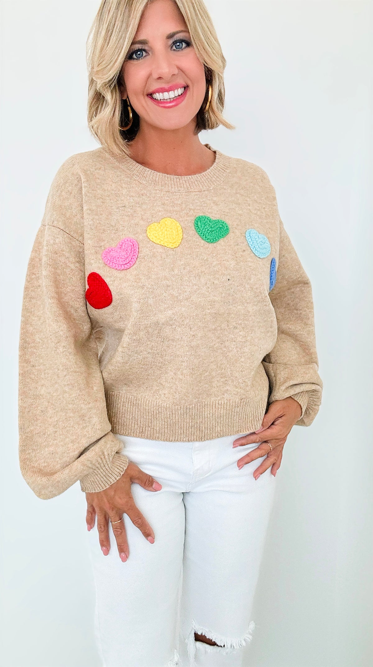 Rainbow Hearts Knit Sweater-140 Sweaters-Dreamers-Coastal Bloom Boutique, find the trendiest versions of the popular styles and looks Located in Indialantic, FL