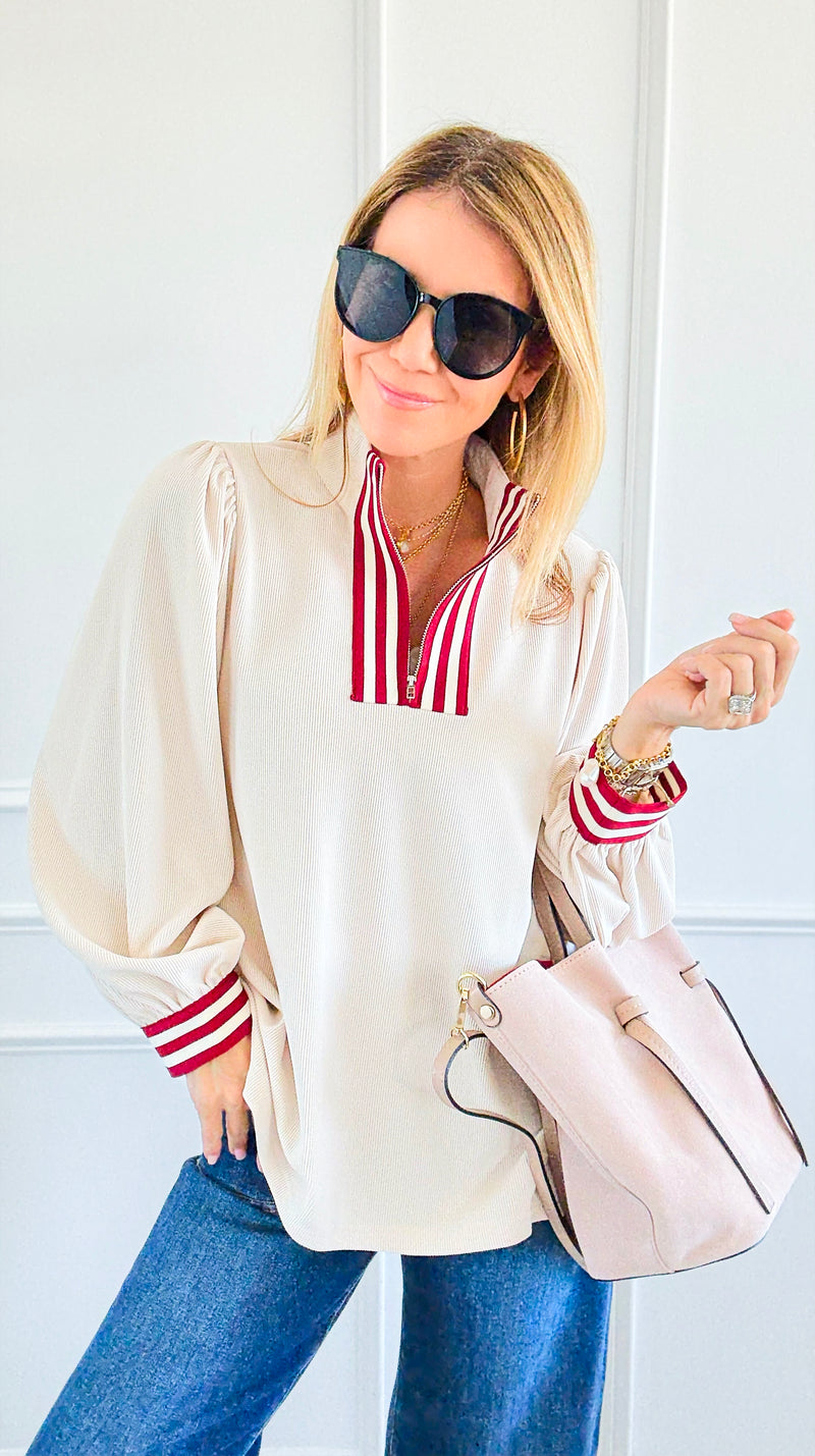 Crimson Trim Statement Top-110 Long Sleeve Tops-JODIFL-Coastal Bloom Boutique, find the trendiest versions of the popular styles and looks Located in Indialantic, FL