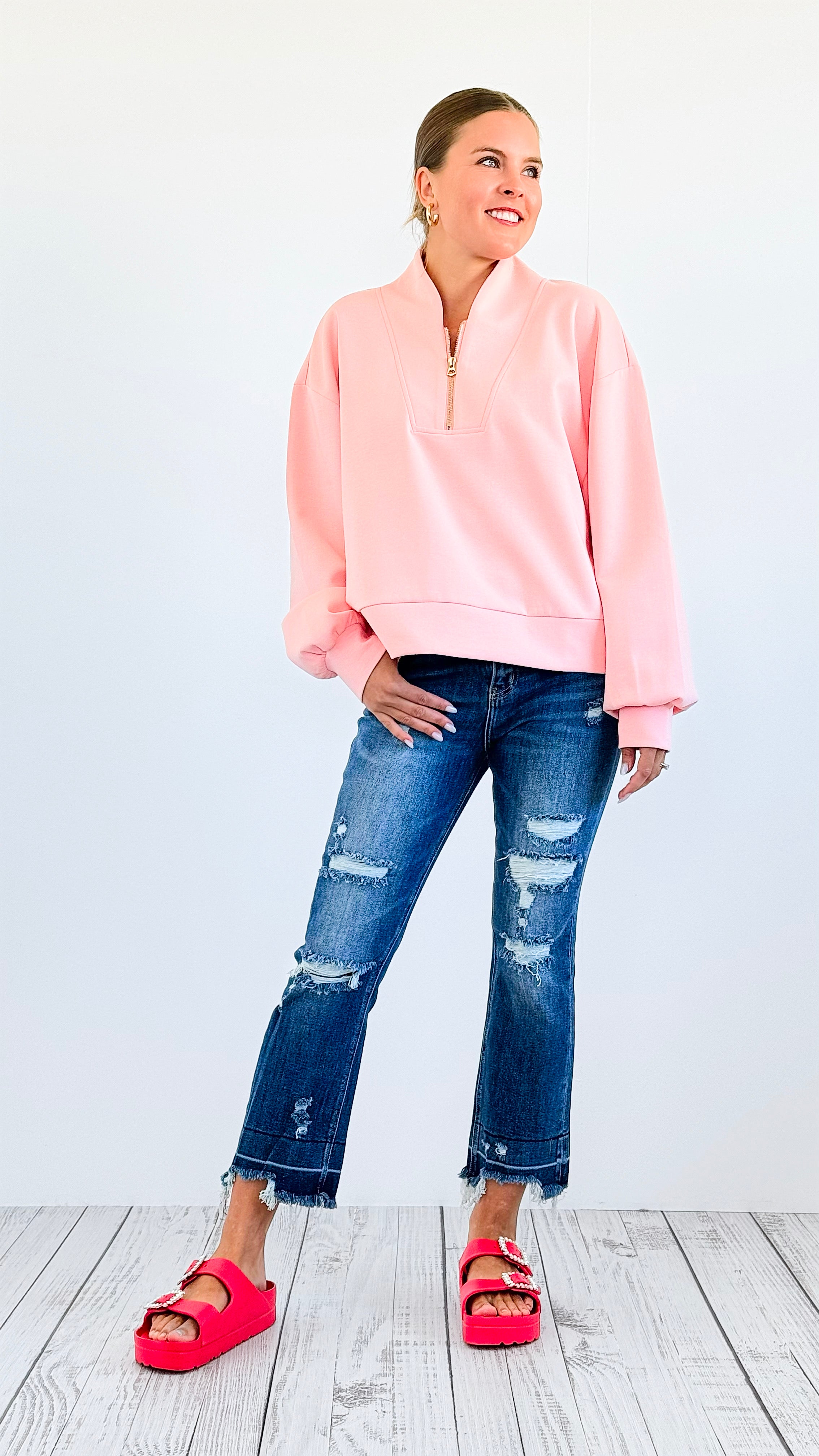 Zip-Up Scuba Long Sleeve Sweatshirt-Baby Pink-130 Long Sleeve Tops-BucketList-Coastal Bloom Boutique, find the trendiest versions of the popular styles and looks Located in Indialantic, FL