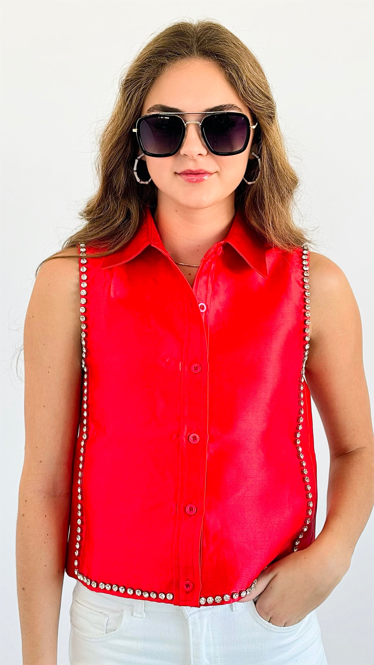 Crystal Edge Satin Button-Up - Red-130 Long Sleeve Tops-PASTEL DESIGN-Coastal Bloom Boutique, find the trendiest versions of the popular styles and looks Located in Indialantic, FL