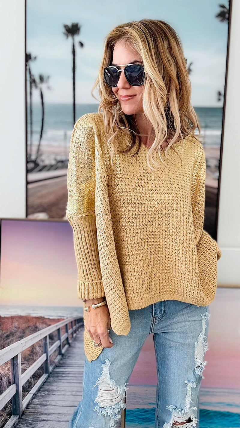 V Neck Gold Foil Sweater - Light Camel-140 Sweaters-moda italia-Coastal Bloom Boutique, find the trendiest versions of the popular styles and looks Located in Indialantic, FL