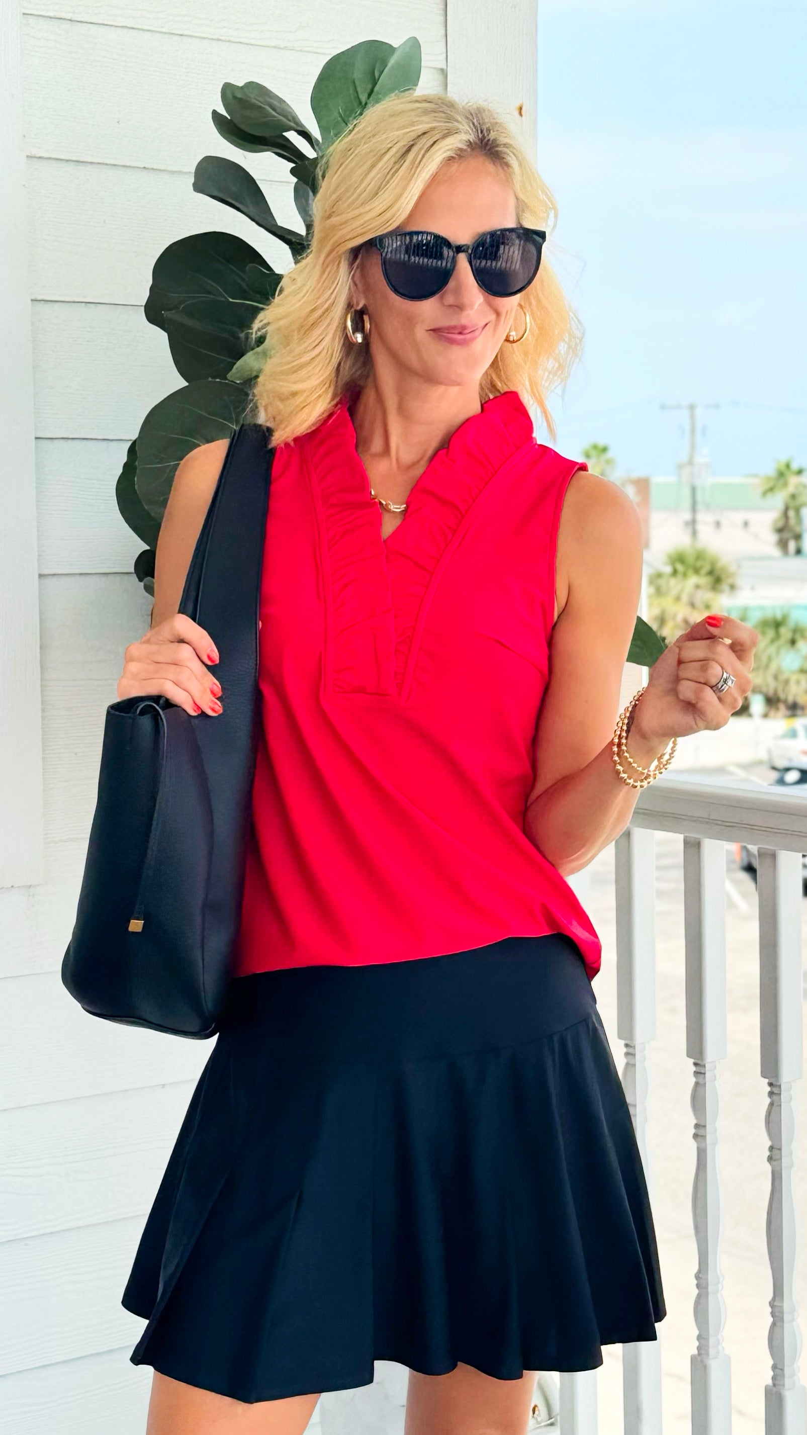 Ruffled Placket Sleeveless Top - Red-100 Sleeveless Tops-ARYEH-Coastal Bloom Boutique, find the trendiest versions of the popular styles and looks Located in Indialantic, FL