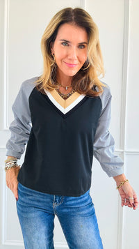 Riviera V-Neck Stripe Blouse -Black-130 Long Sleeve Tops-Chasing Bandits-Coastal Bloom Boutique, find the trendiest versions of the popular styles and looks Located in Indialantic, FL