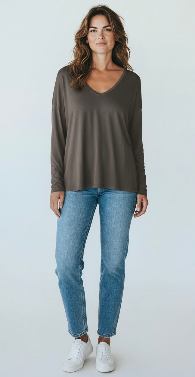 Italian V-Neck Jersey Top-Brown-110 Long Sleeve Tops-FATTURA ACCOMPAGNATORIA-Coastal Bloom Boutique, find the trendiest versions of the popular styles and looks Located in Indialantic, FL