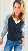 Riviera V-Neck Stripe Blouse -Black-130 Long Sleeve Tops-Chasing Bandits-Coastal Bloom Boutique, find the trendiest versions of the popular styles and looks Located in Indialantic, FL