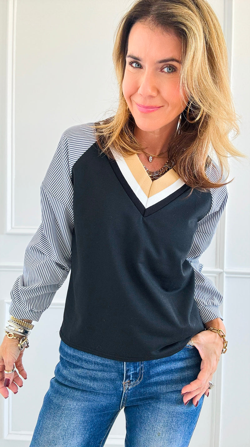 Riviera V-Neck Stripe Blouse -Black-130 Long Sleeve Tops-Chasing Bandits-Coastal Bloom Boutique, find the trendiest versions of the popular styles and looks Located in Indialantic, FL