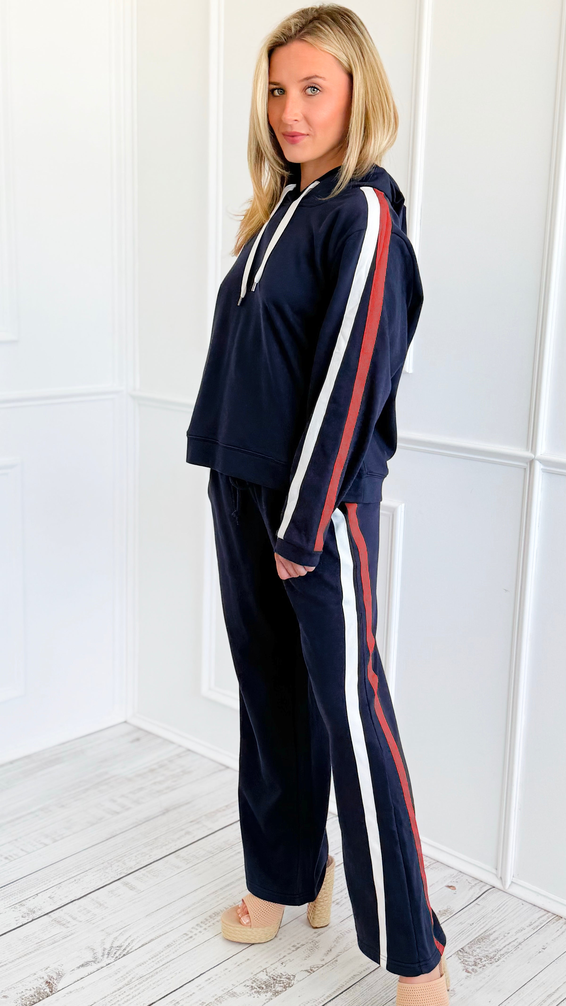 On the Move Stripe Set - Navy-170 Bottoms-JODIFL-Coastal Bloom Boutique, find the trendiest versions of the popular styles and looks Located in Indialantic, FL