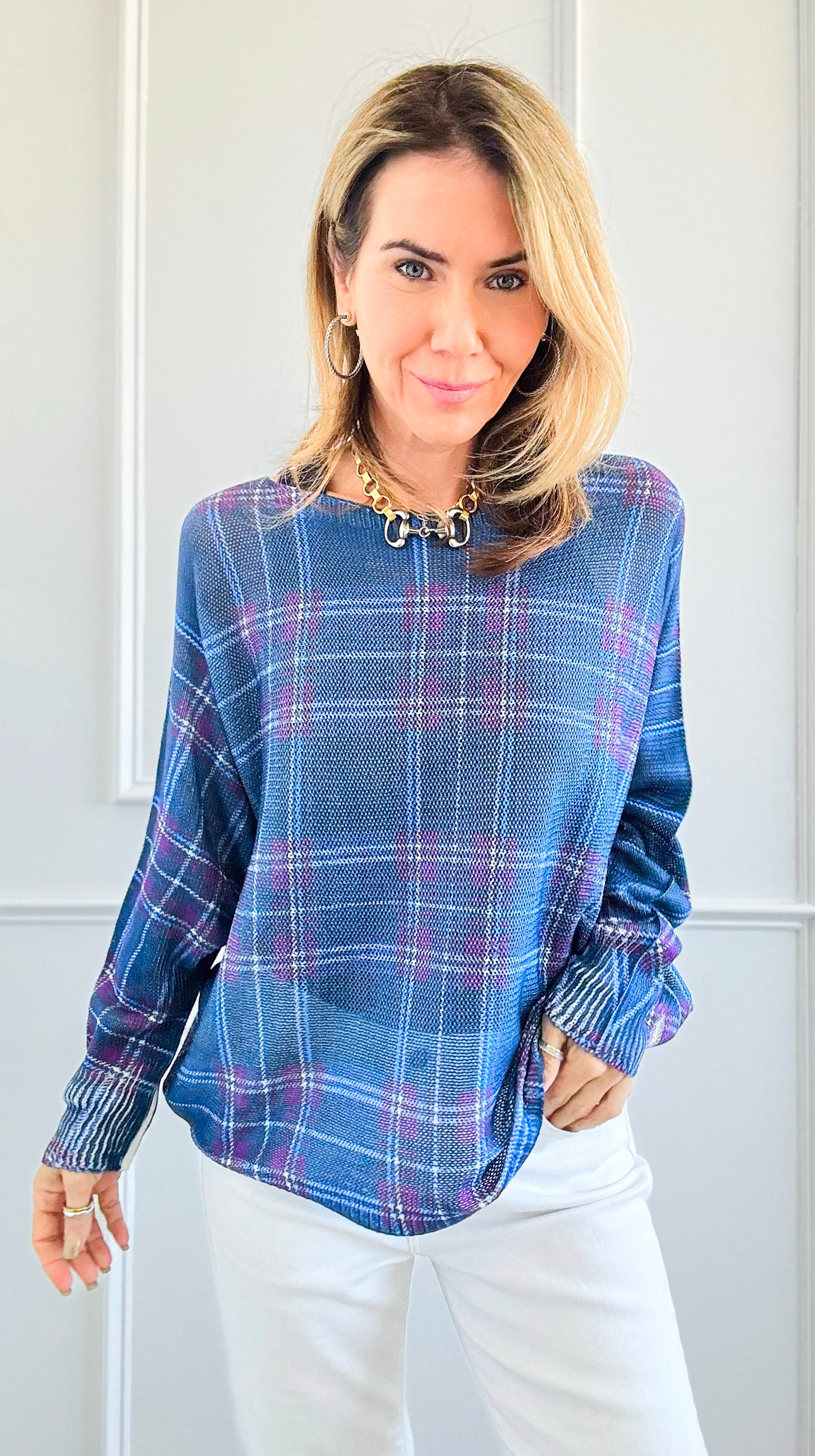 Festive Plaid St Tropez Italian Knit Sweater- Cobalt Blue-140 Sweaters-Italianissimo-Coastal Bloom Boutique, find the trendiest versions of the popular styles and looks Located in Indialantic, FL