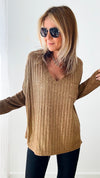 Shimmer and Shine V-Neck Italian Ribbed Pullover - Camel-140 Sweaters-Germany-Coastal Bloom Boutique, find the trendiest versions of the popular styles and looks Located in Indialantic, FL