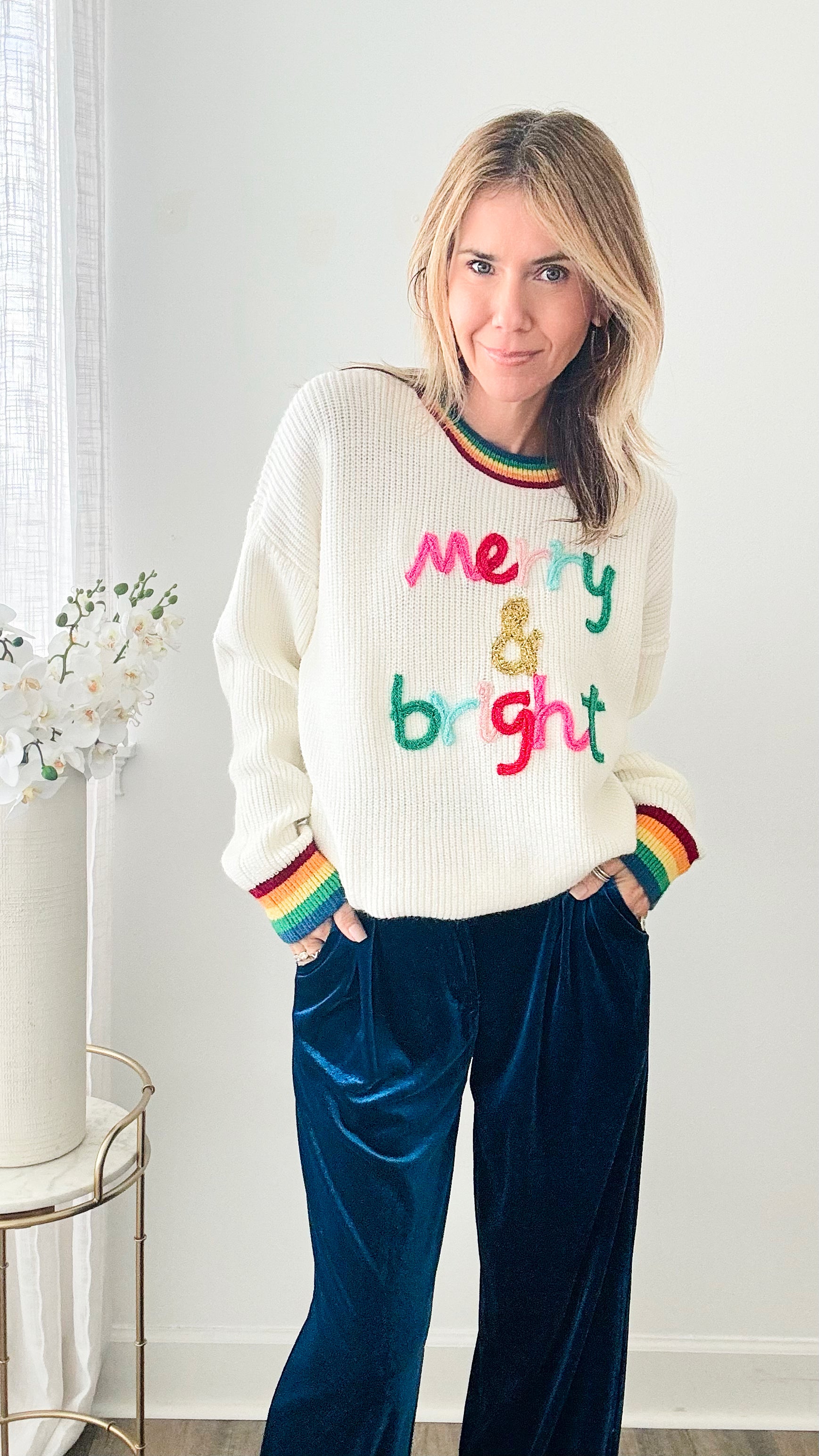 Merry & Bright Sparkle Letter Rainbow Sweater-140 Sweaters-MAIN STRIP-Coastal Bloom Boutique, find the trendiest versions of the popular styles and looks Located in Indialantic, FL