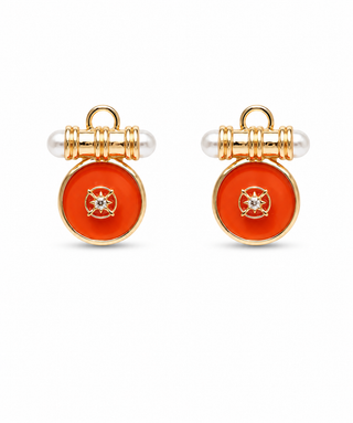 Pearl Accent Coin Drop Earrings - Orange/Gold