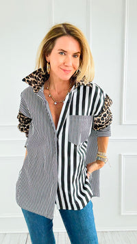 Leopard Stripe Italian Woven Blouse-110 Long Sleeve Tops-TATTOO Z-Coastal Bloom Boutique, find the trendiest versions of the popular styles and looks Located in Indialantic, FL