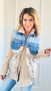 Contrast Denim Puffer Vest - Champange-150 Cardigans/Layers-Rousseau-Coastal Bloom Boutique, find the trendiest versions of the popular styles and looks Located in Indialantic, FL