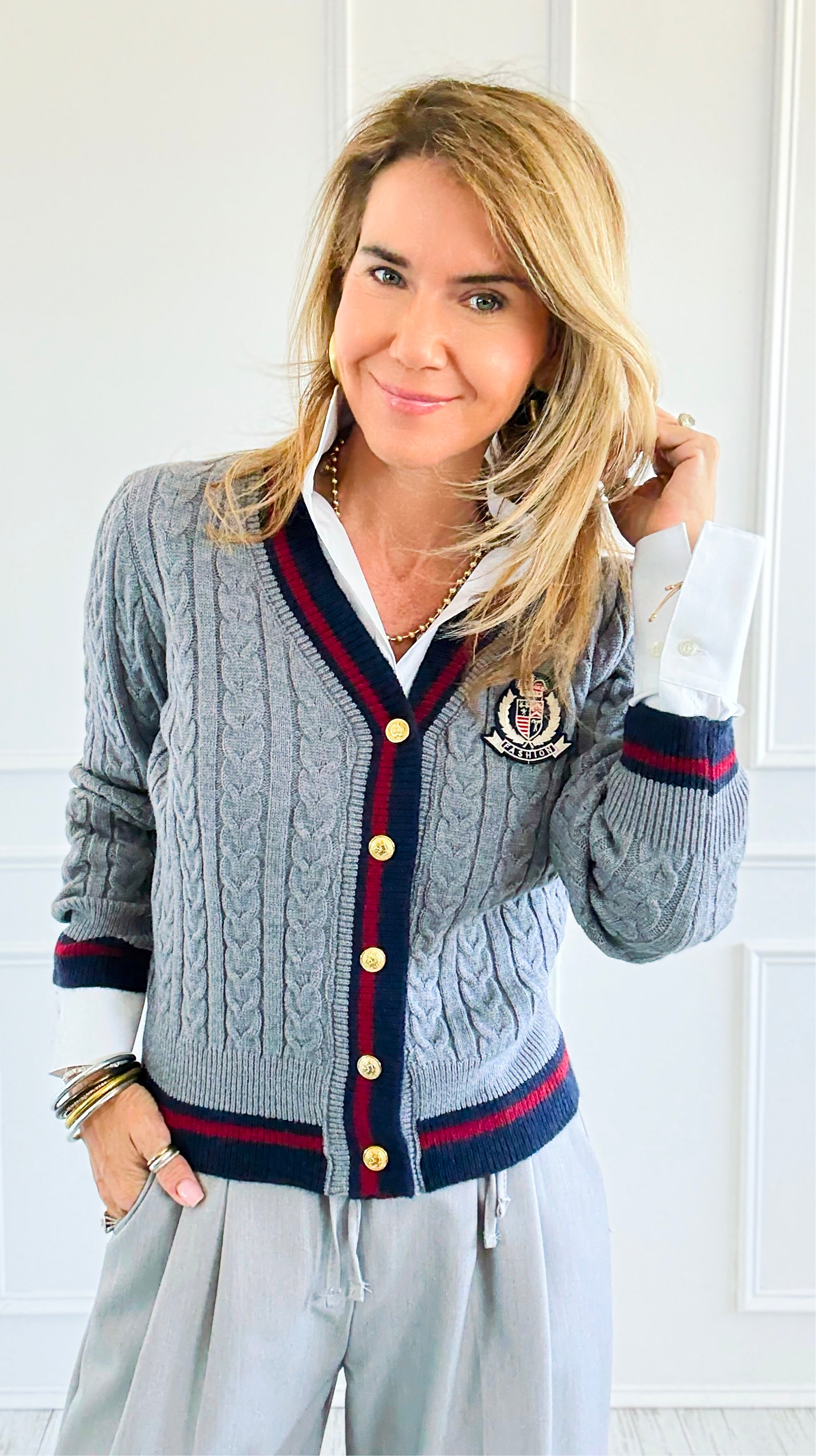 Fashion Varsity Italian Cardigan Sweater-Grey-150 Cardigans/Layers-Italianissimo-Coastal Bloom Boutique, find the trendiest versions of the popular styles and looks Located in Indialantic, FL
