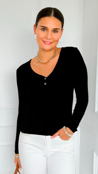 Button Me Up Ribbed Top - Black-130 Long Sleeve Tops-YELETE-Coastal Bloom Boutique, find the trendiest versions of the popular styles and looks Located in Indialantic, FL