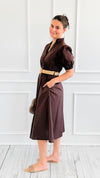 Elegant Belted Italian Midi Dress- Brown-200 Dresses/Jumpsuits/Rompers-AZUL MONACO-Coastal Bloom Boutique, find the trendiest versions of the popular styles and looks Located in Indialantic, FL