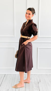 Elegant Belted Italian Midi Dress- Brown-200 Dresses/Jumpsuits/Rompers-AZUL MONACO-Coastal Bloom Boutique, find the trendiest versions of the popular styles and looks Located in Indialantic, FL