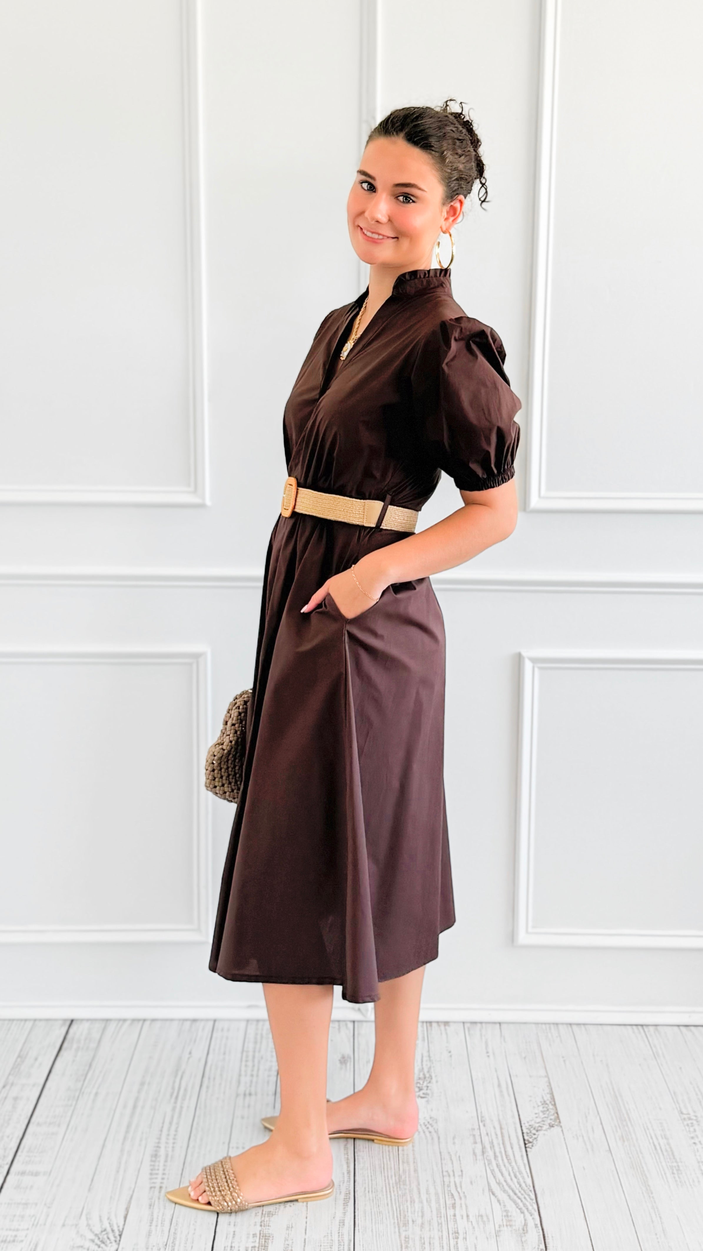 Elegant Belted Italian Midi Dress- Brown-200 Dresses/Jumpsuits/Rompers-AZUL MONACO-Coastal Bloom Boutique, find the trendiest versions of the popular styles and looks Located in Indialantic, FL