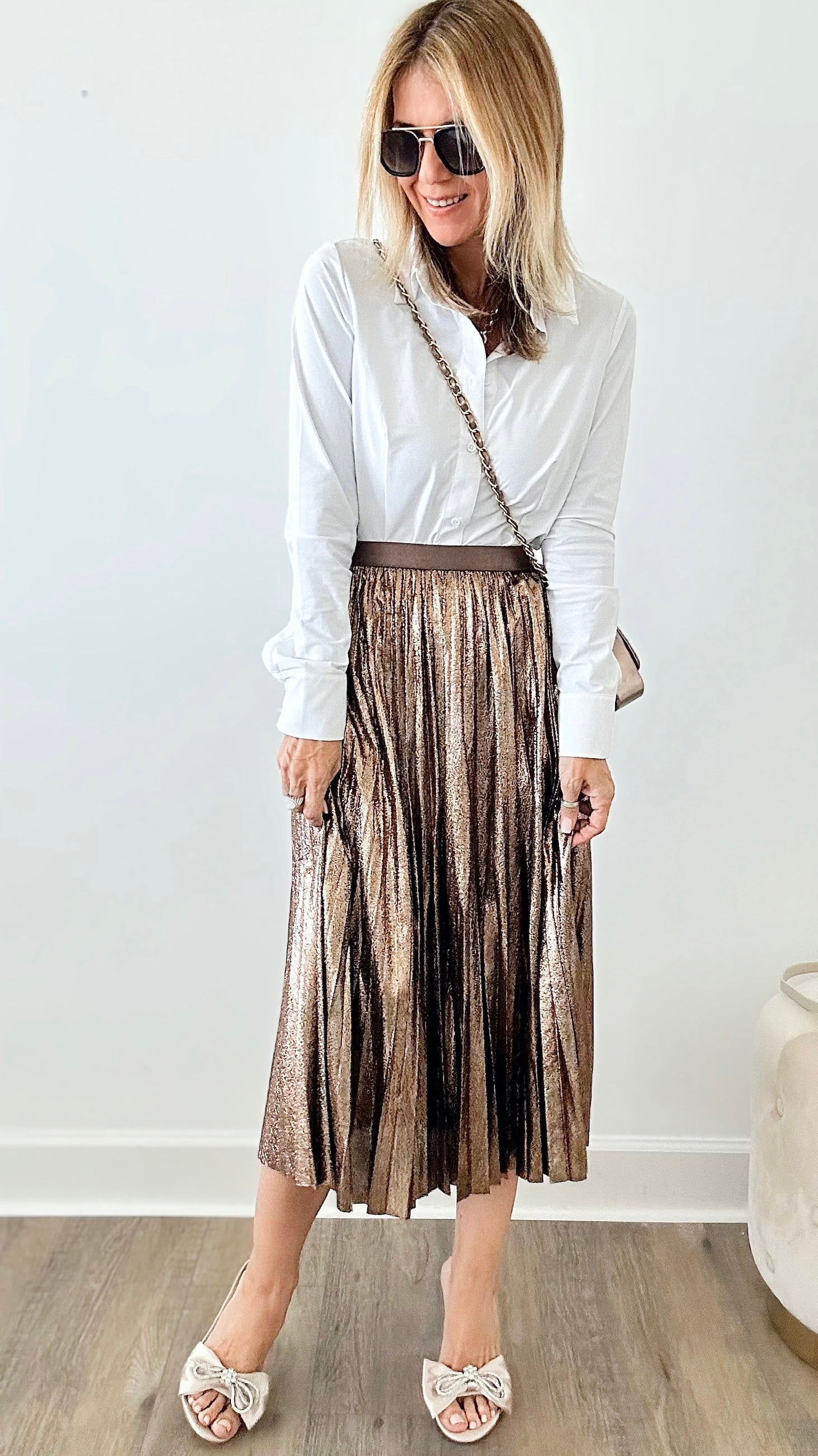 Shiny Pleated Midi Skirt - Bronze-170 Bottoms-Taba Stitch-Coastal Bloom Boutique, find the trendiest versions of the popular styles and looks Located in Indialantic, FL