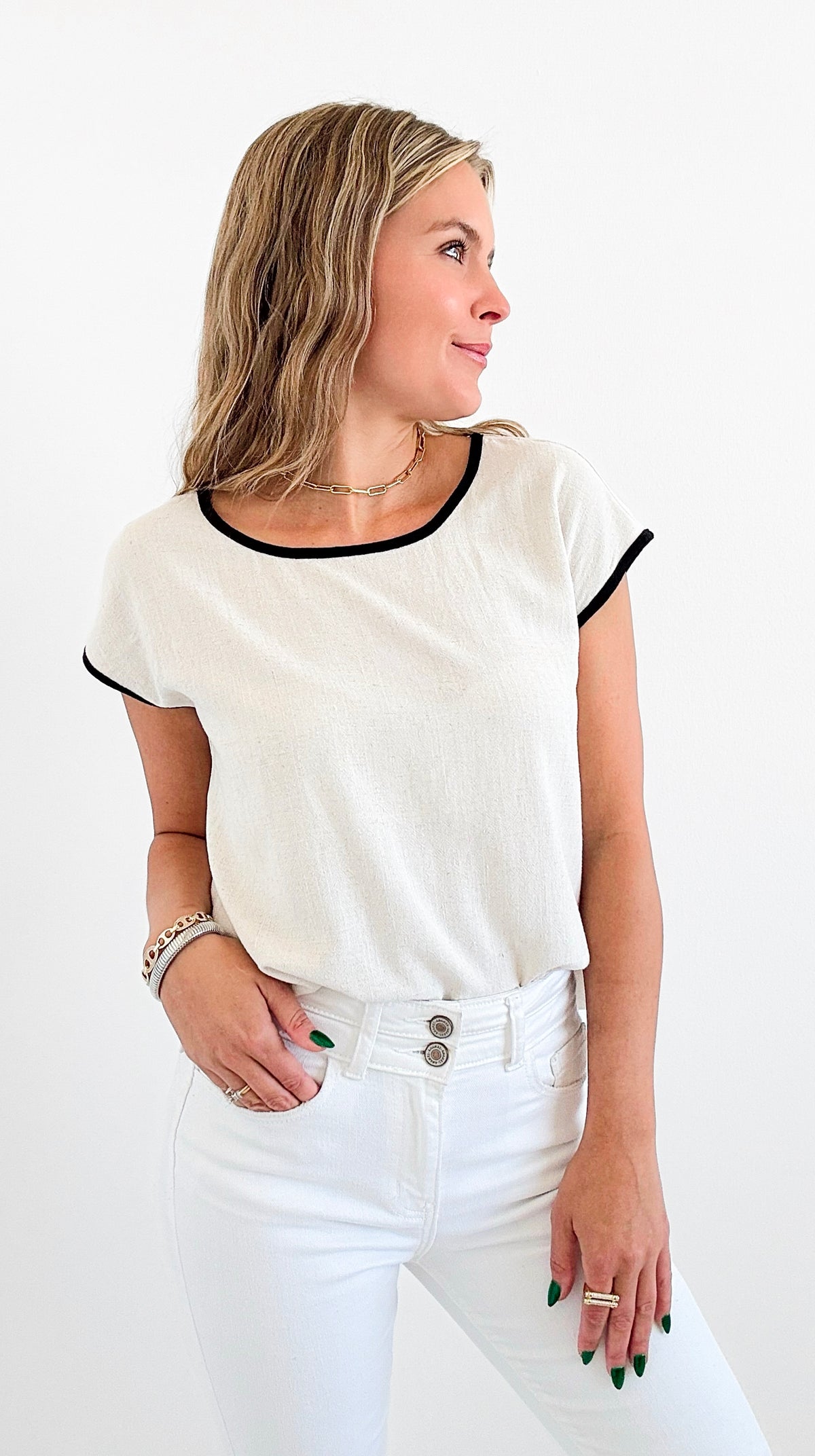 Contrast Linen Boxy Top-110 Short Sleeve Tops-Blu Pepper-Coastal Bloom Boutique, find the trendiest versions of the popular styles and looks Located in Indialantic, FL