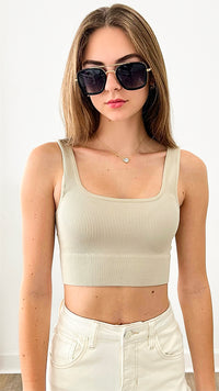 Ribbed Square Neck Cropped Tan Top - Sand Beige-220 Intimates-Zenana-Coastal Bloom Boutique, find the trendiest versions of the popular styles and looks Located in Indialantic, FL