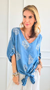 Moroccan Tile Linen Italian Top - Steel Blue-110 Short Sleeve Tops-Italianissimo-Coastal Bloom Boutique, find the trendiest versions of the popular styles and looks Located in Indialantic, FL