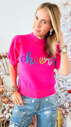 "Cheers" Lurex Embroidery Sweater - Deep Pink-140 Sweaters-Peach Love California-Coastal Bloom Boutique, find the trendiest versions of the popular styles and looks Located in Indialantic, FL