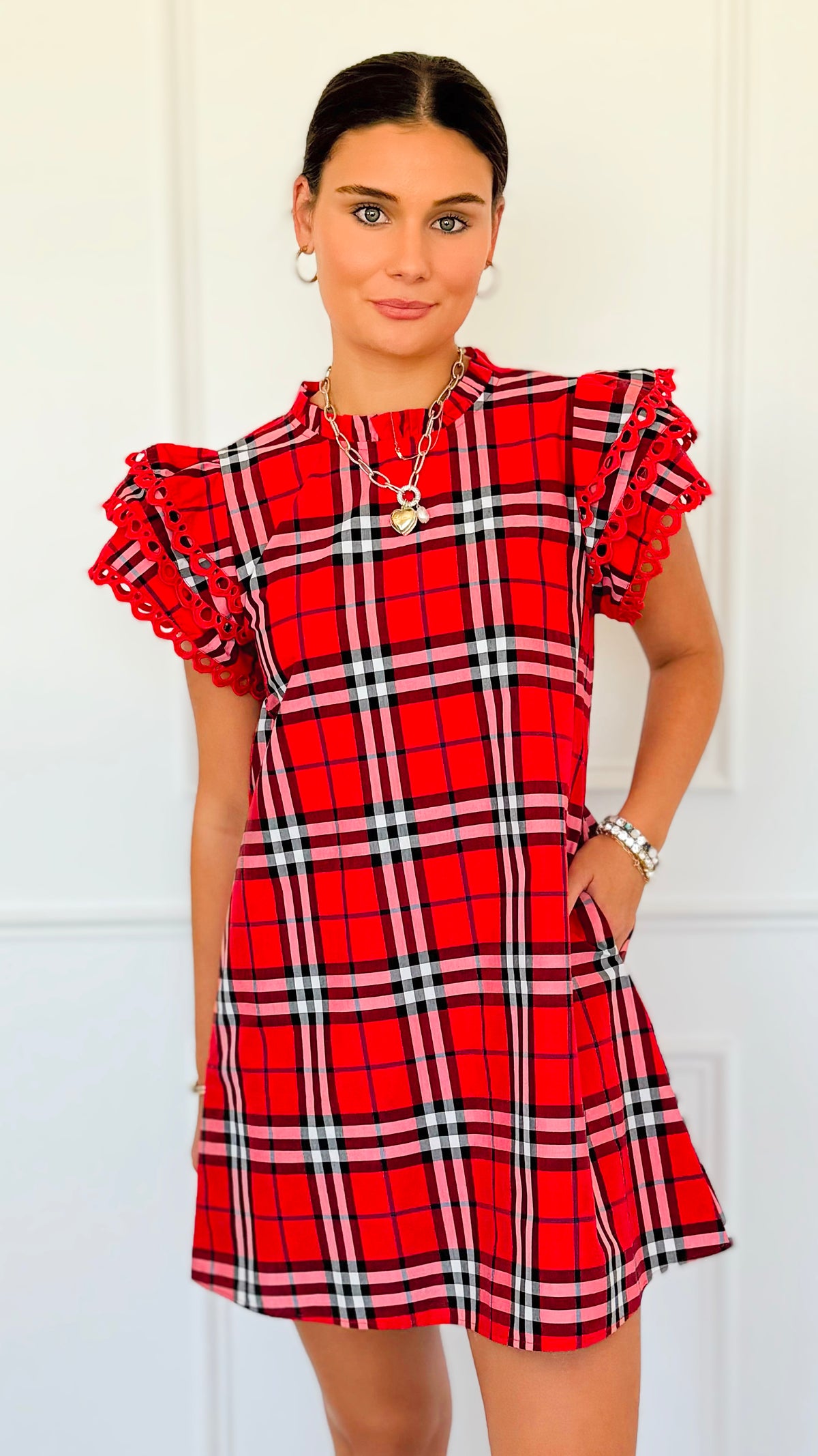 Plaid Ruffle Sleeve Dress - Red Mix-200 Dresses/Jumpsuits/Rompers-Jodifl-Coastal Bloom Boutique, find the trendiest versions of the popular styles and looks Located in Indialantic, FL