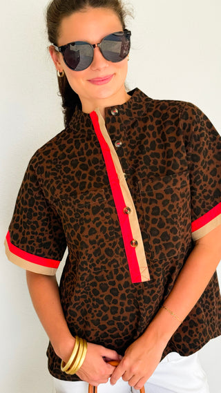 Leopard Print Contrast Trim Top - Brown