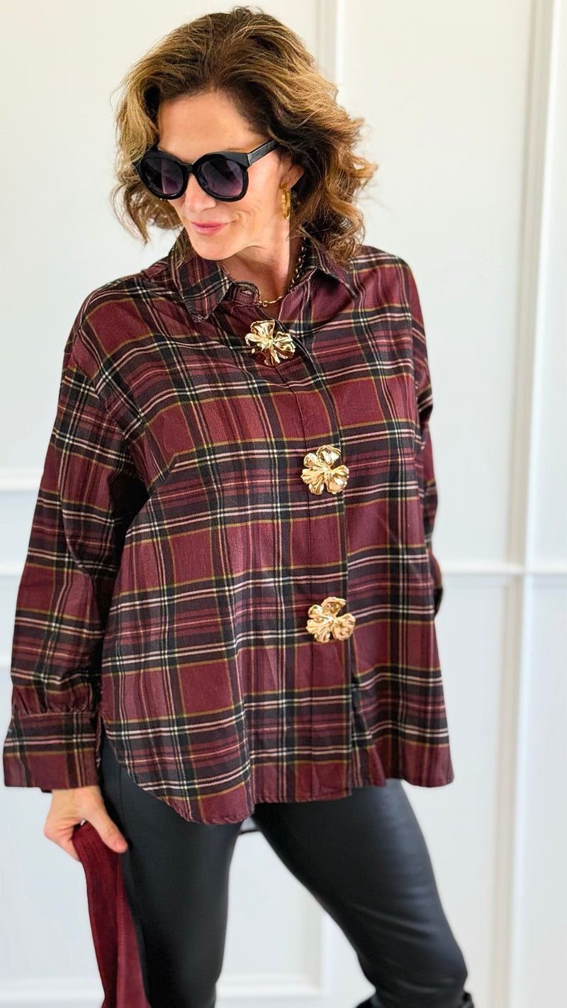 Plaid Petals Corduroy Italian Blouse-110 Long Sleeve Tops-TATTOO Z-Coastal Bloom Boutique, find the trendiest versions of the popular styles and looks Located in Indialantic, FL
