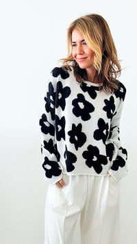 Flower Print Knit Top- Ivory/Black-140 Sweaters-Miracle-Coastal Bloom Boutique, find the trendiest versions of the popular styles and looks Located in Indialantic, FL