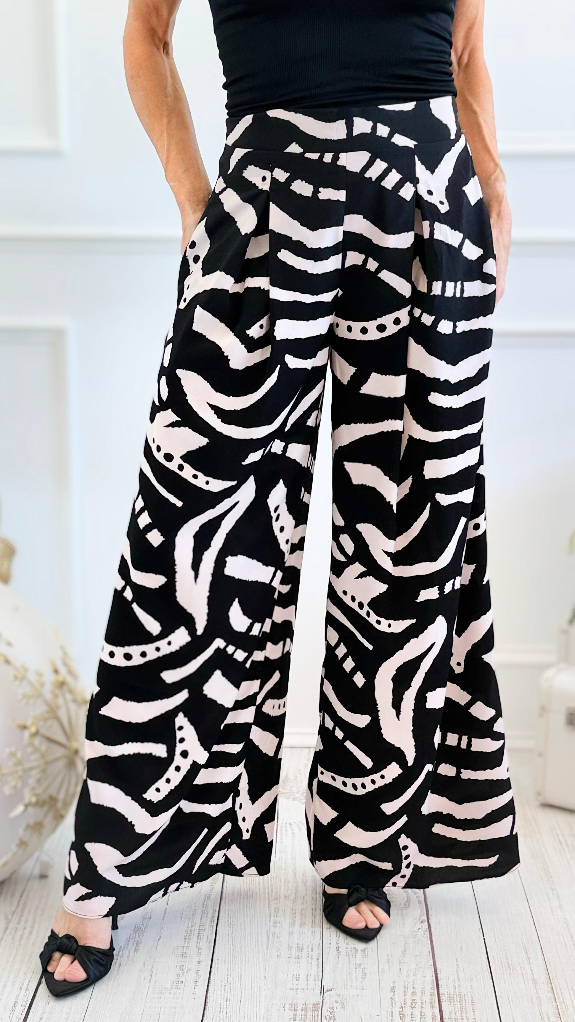 Midnight Muse Palazzo Pant - Black Cream Urb-100 Pants-spin usa-Coastal Bloom Boutique, find the trendiest versions of the popular styles and looks Located in Indialantic, FL