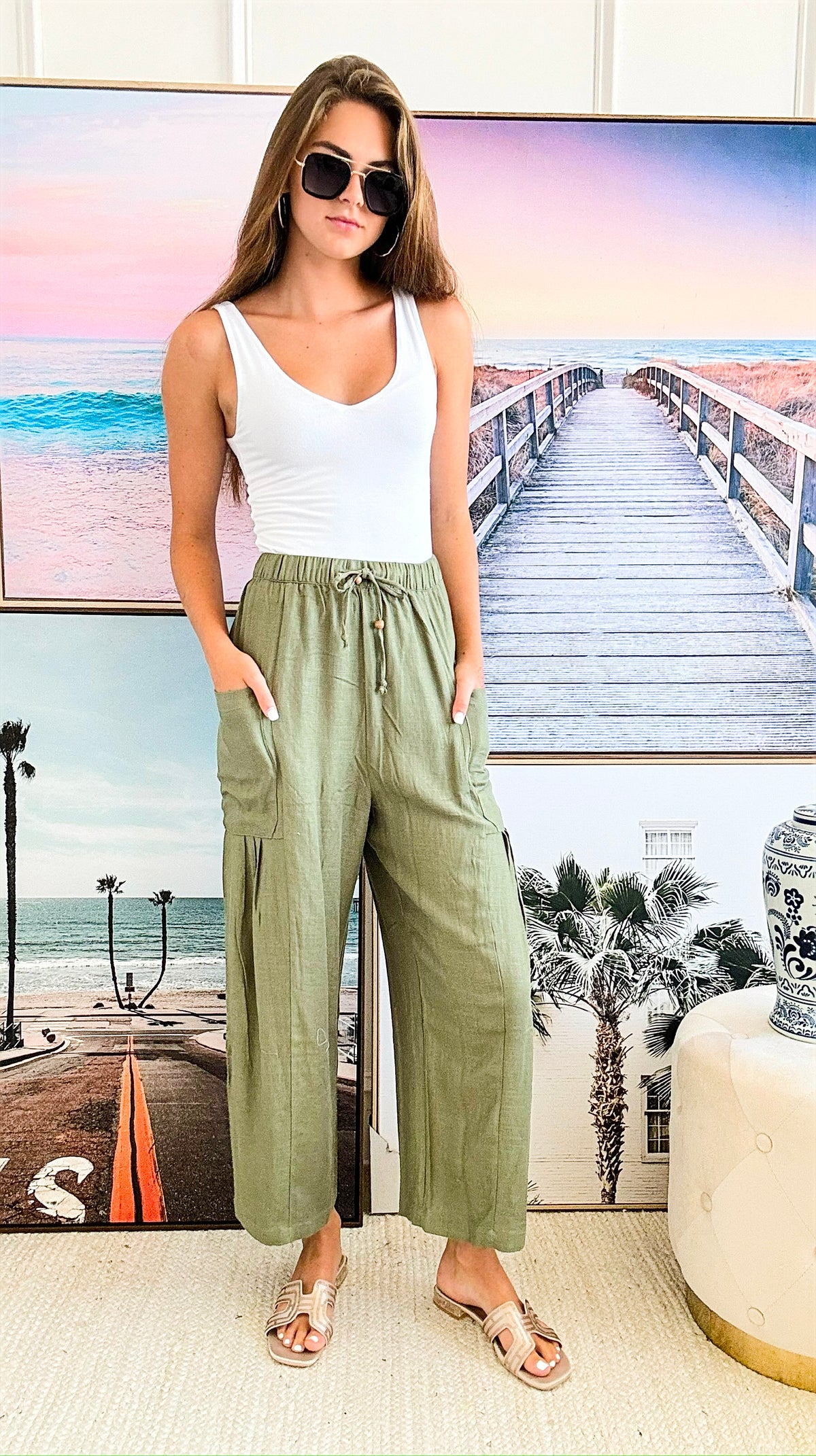 Linen Wide Leg Pants - Olive-170 Bottoms-Very J-Coastal Bloom Boutique, find the trendiest versions of the popular styles and looks Located in Indialantic, FL