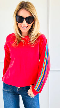 Rainbow Sleeve Statement Sweatshirt-110 Long Sleeve Tops-JODIFL-Coastal Bloom Boutique, find the trendiest versions of the popular styles and looks Located in Indialantic, FL
