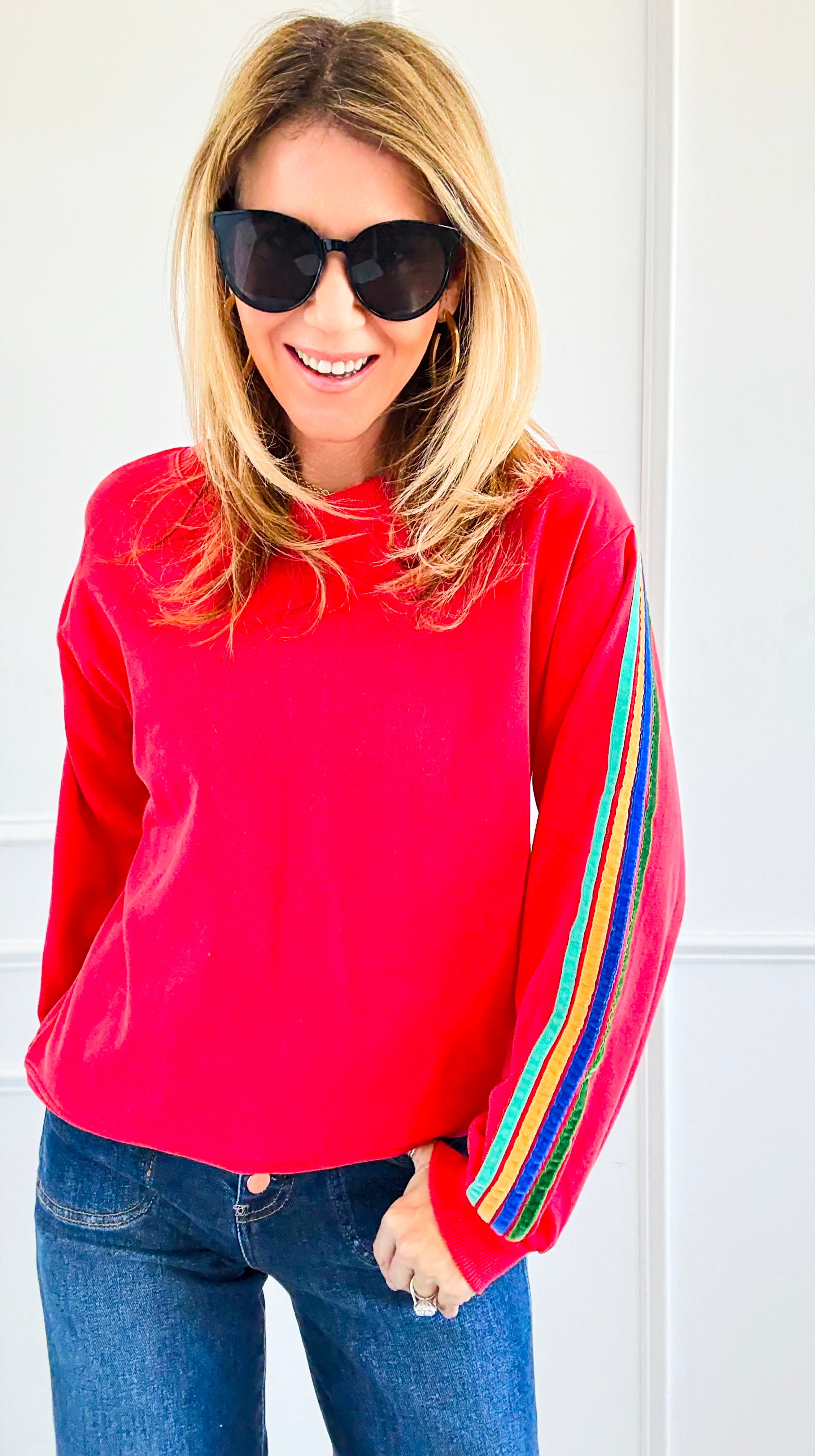 Rainbow Sleeve Statement Sweatshirt-110 Long Sleeve Tops-JODIFL-Coastal Bloom Boutique, find the trendiest versions of the popular styles and looks Located in Indialantic, FL