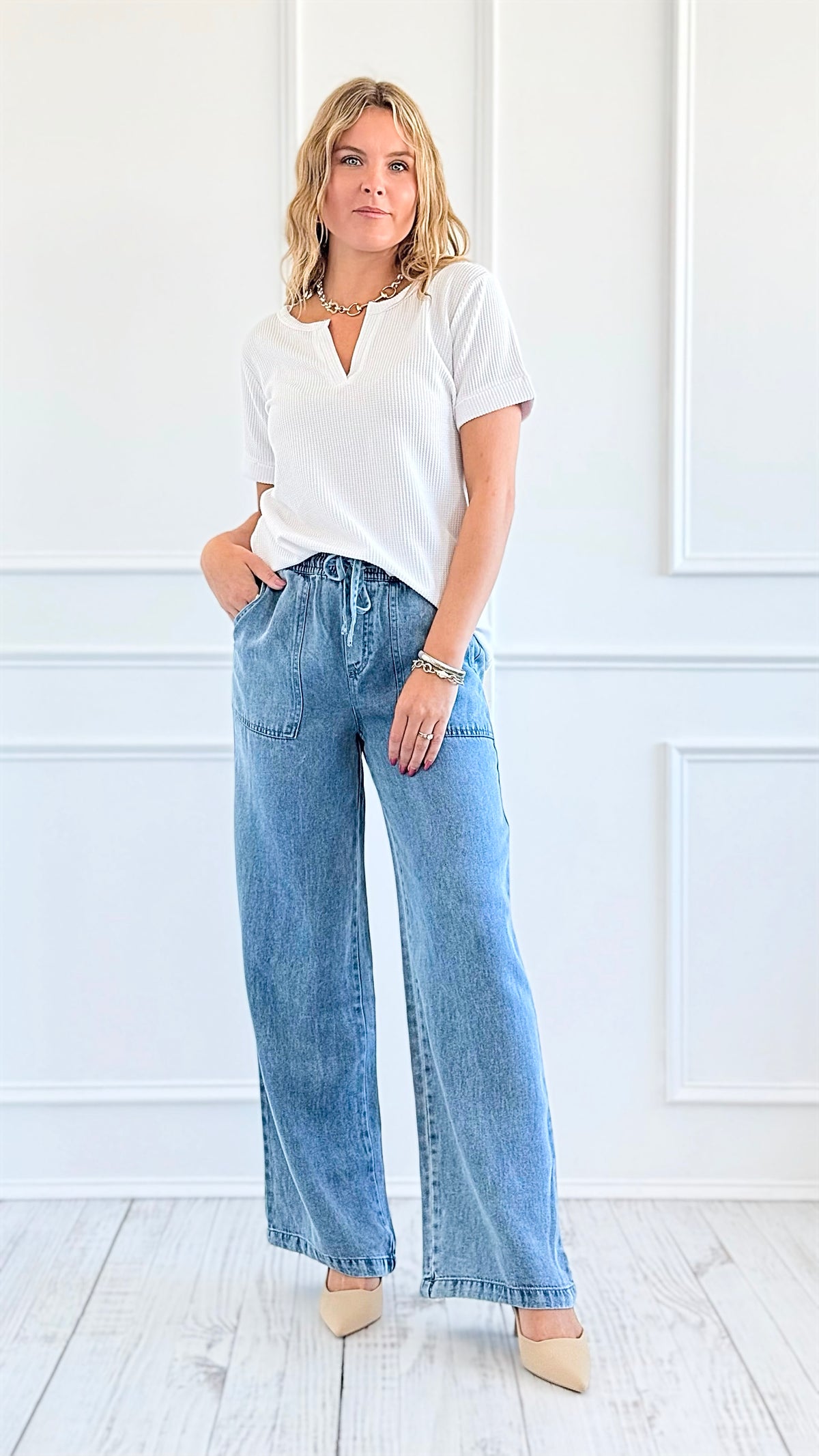 Relaxed Drawstring Denim Pants-190 Denim-Thread & Supply-Coastal Bloom Boutique, find the trendiest versions of the popular styles and looks Located in Indialantic, FL