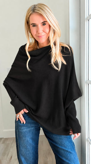 Relaxed Cowl Neck Ribbed Cuff Italian Sweater - Black