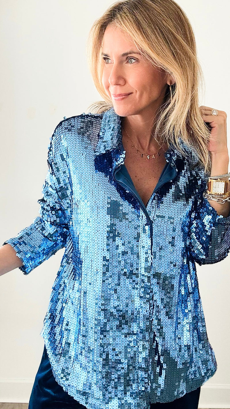 Meet You at Midnight Blue Sequin Blouse-130 Long Sleeve Tops-MAIN STRIP-Coastal Bloom Boutique, find the trendiest versions of the popular styles and looks Located in Indialantic, FL