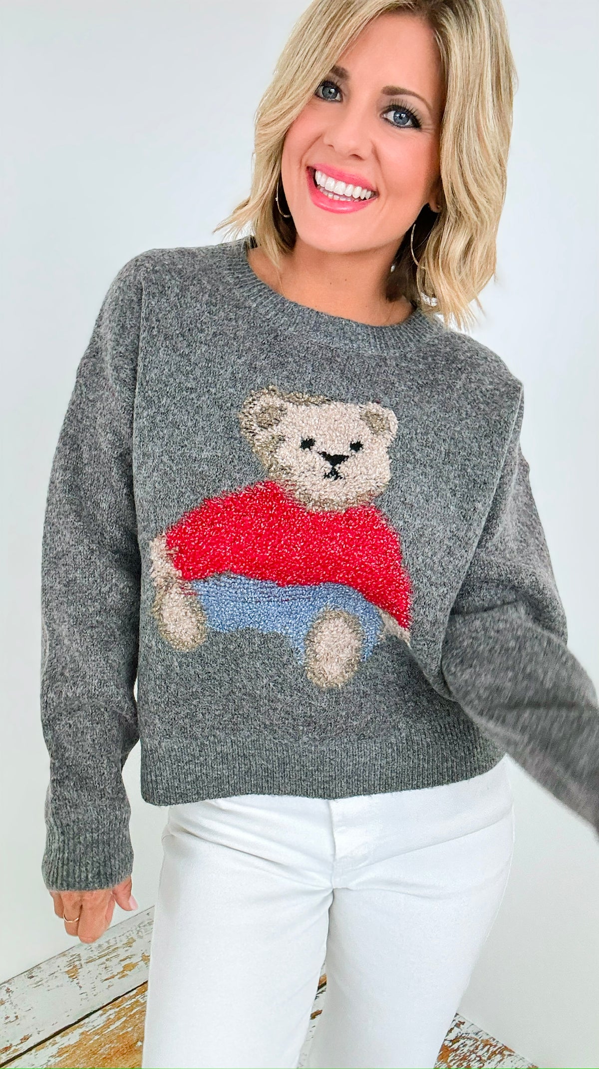 Cozy Bear Knit Sweater - Grey-140 Sweaters-Dreamers-Coastal Bloom Boutique, find the trendiest versions of the popular styles and looks Located in Indialantic, FL