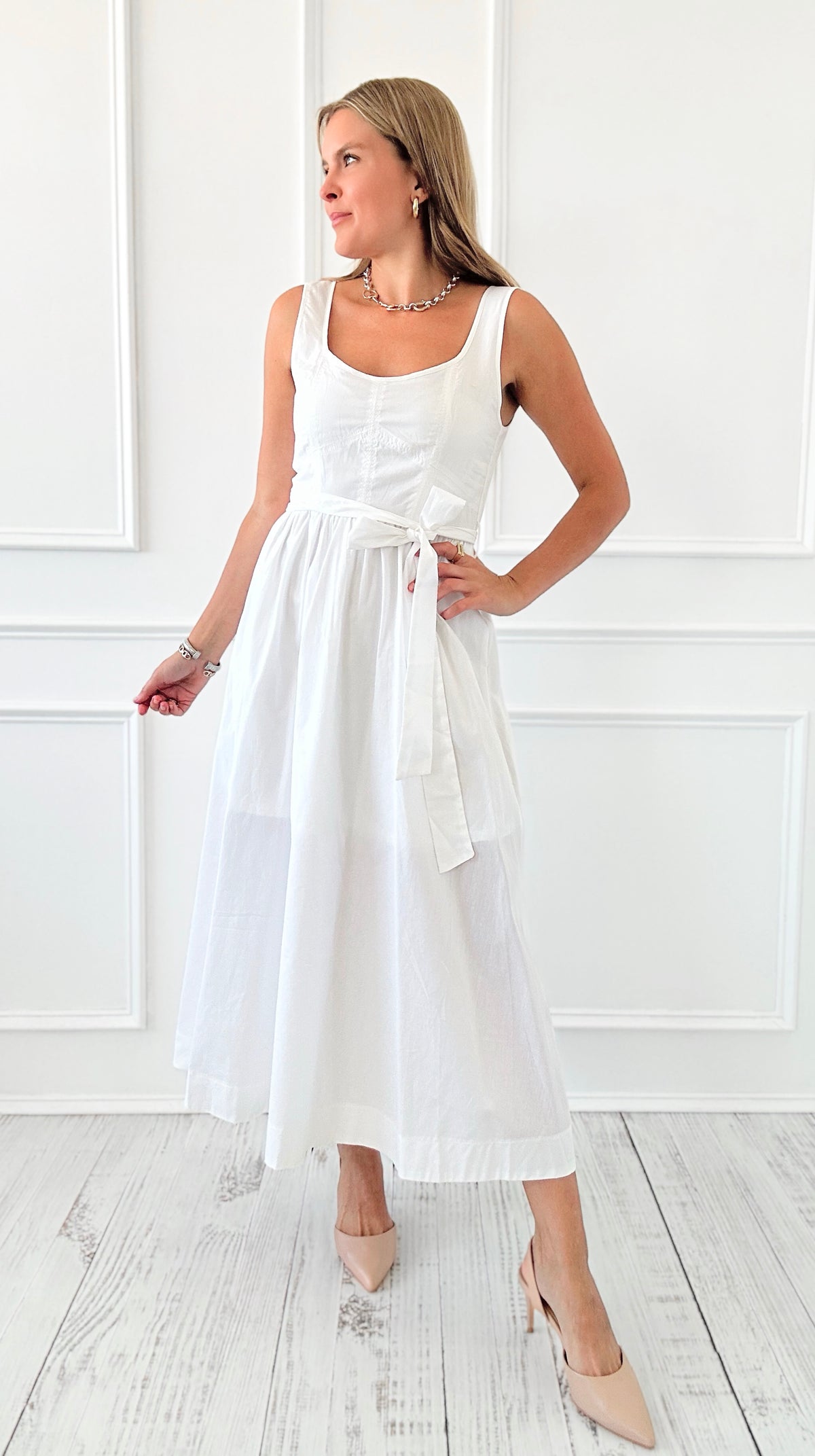 Belted Scoop Neck Midi Dress - White-200 Dresses/Jumpsuits/Rompers-Blu Pepper-Coastal Bloom Boutique, find the trendiest versions of the popular styles and looks Located in Indialantic, FL