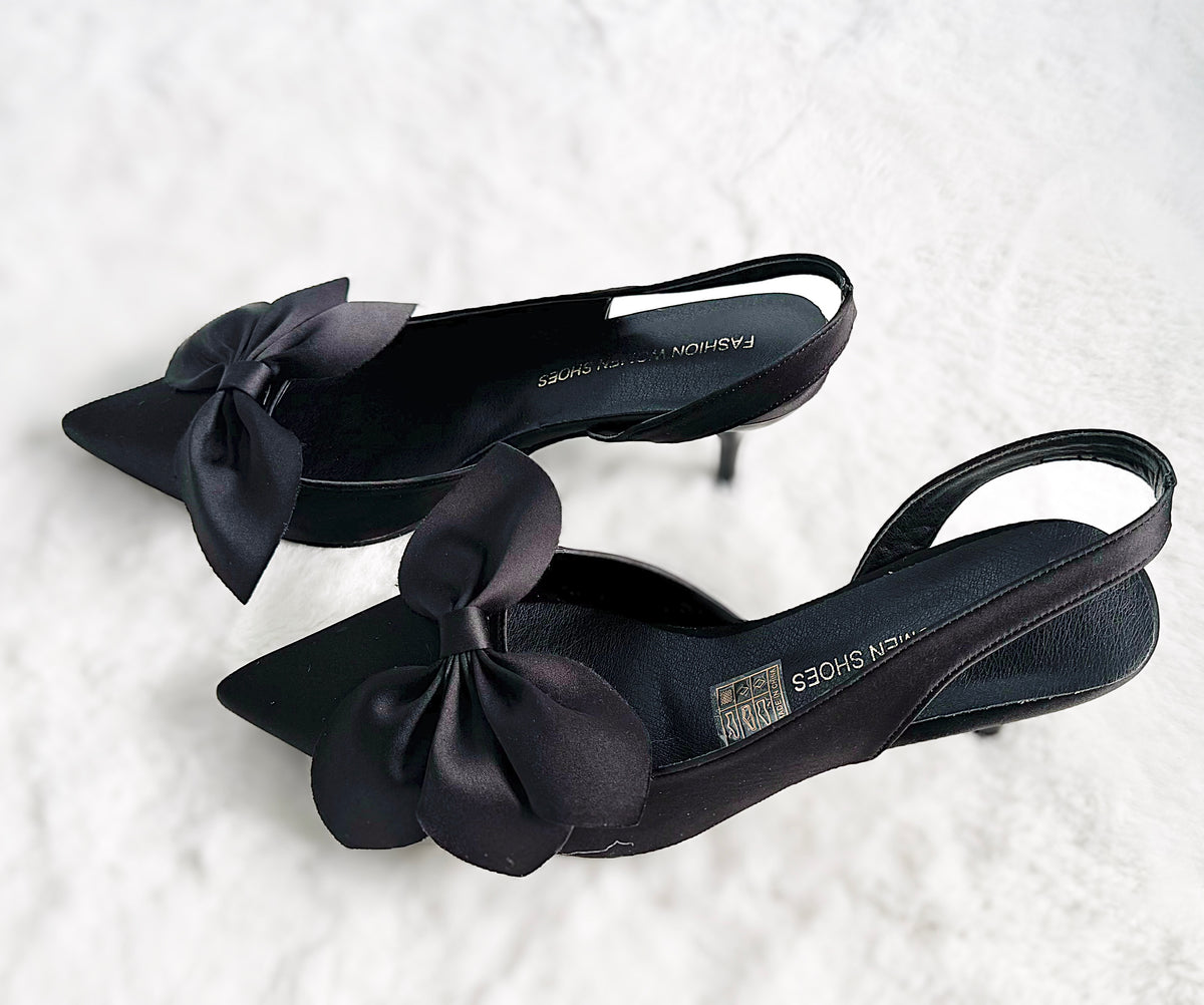 Satin Bow Slingback Pum Shoes - Black-250 Shoes-Darling-Coastal Bloom Boutique, find the trendiest versions of the popular styles and looks Located in Indialantic, FL